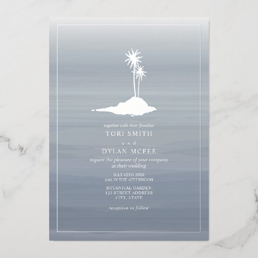 Island Wedding Chambray Watercolor Folieneinladung (Vorderseite)