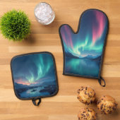 Isländisch Aurora Ofenhandschuh & Topflappen-Set (Oben Unten)