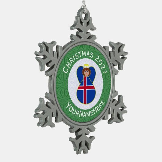 Isländische Engel-Weihnachtsflagge Personalisiert Schneeflocken Zinn-Ornament (Links)