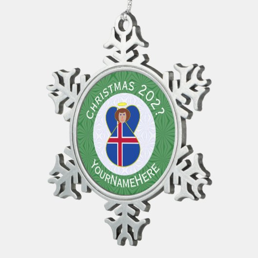 Isländische Engel-Weihnachtsflagge Personalisiert Schneeflocken Zinn-Ornament (Rechts)