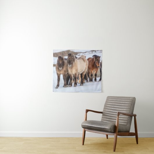 Isländische Pferde im Winter in der Nähe von Hofn, Wandteppich (Beispiel (Horizontal))