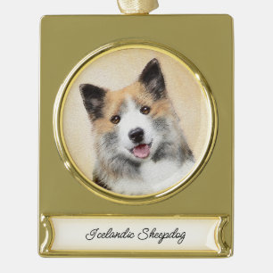 Isländische Sheepdog-Malerei - Original Dog Art Banner-Ornament Gold