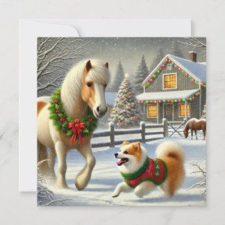 Isländische Weihnachtskarte mit Pferd und Hund Feiertagskarte