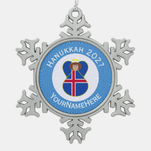 Isländischer Engel Hanukkah-Flagge Personalisiert  Schneeflocken Zinn-Ornament