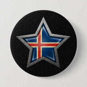 Isländischer Flaggen-Stern mit Stahlmaschen-Effek Button