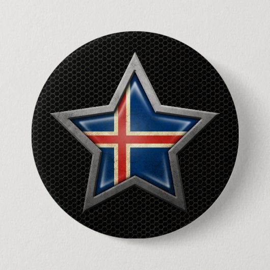 Isländischer Flaggen-Stern mit Stahlmaschen-Effekt Button (Vorderseite)