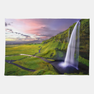 Isländischer Wasserfall Grüne Natur Foto Geschirrtuch