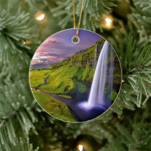 Isländischer Wasserfall Grüne Natur Foto Keramik Ornament