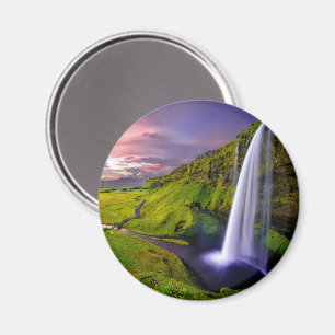Isländischer Wasserfall Grüne Natur Foto Magnet