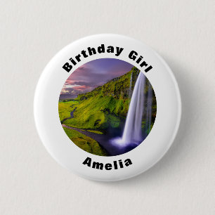 Isländischer Wasserfall Natur Foto Geburtstagsmädc Button