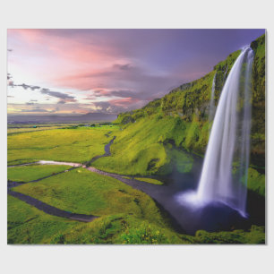 Isländisches Wasserfall Grün Natur Foto Geschenkpapier