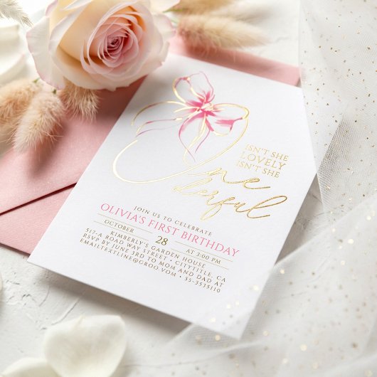Isn't She Onederful Pink Bow Elegant 1st Birthday Folieneinladung