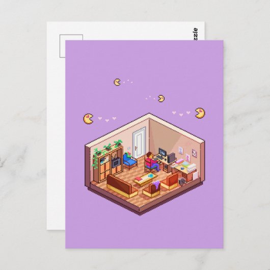 Isometric Pixel Art Gaming PC Room Postkarte (Vorne/Hinten)