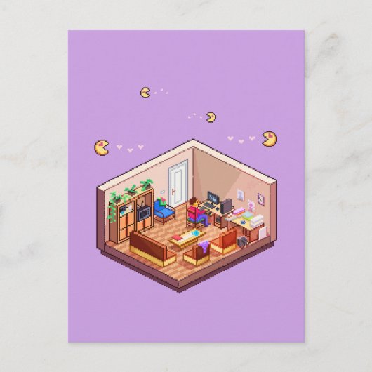 Isometric Pixel Art Gaming PC Room Postkarte (Vorderseite)