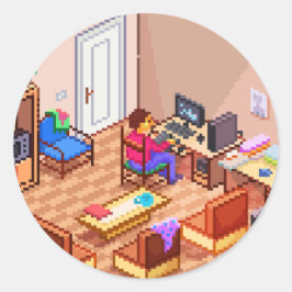 Isometric Pixel Art Gaming PC Room Runder Aufkleber