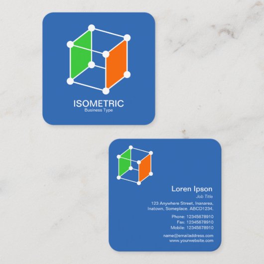 Isometrische Cube - weiß, grün und orange auf blau Quadratische Visitenkarte (Vorne/Hinten)