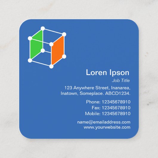 Isometrische Cube - weiß, grün und orange auf blau Quadratische Visitenkarte (Rückseite)