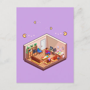 Isometrische Pixel-Art-Gaming-PC-Zimmer Postkarte