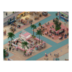 Isometrischer Retro-Einkaufszentrum-Food-Court in  Poster