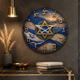 Israel Hebrew Numbers Jerusalem Star of David  Große Wanduhr