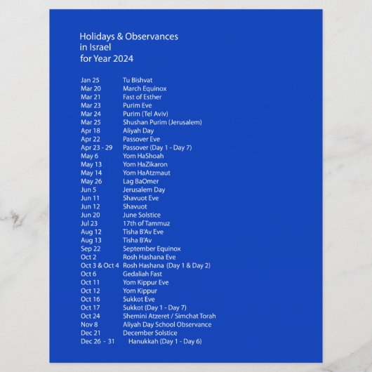 Israel-Kalender 2024 | Feiertage und Beobachtungen (Rückseite)