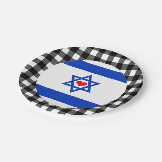 Israel Plate, Herz, Büffel kariert & Israel Flag Pappteller (Schrägansicht)