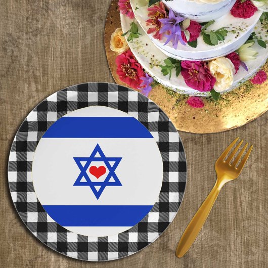 Israel Plate, Herz, Büffel kariert & Israel Flag Pappteller
