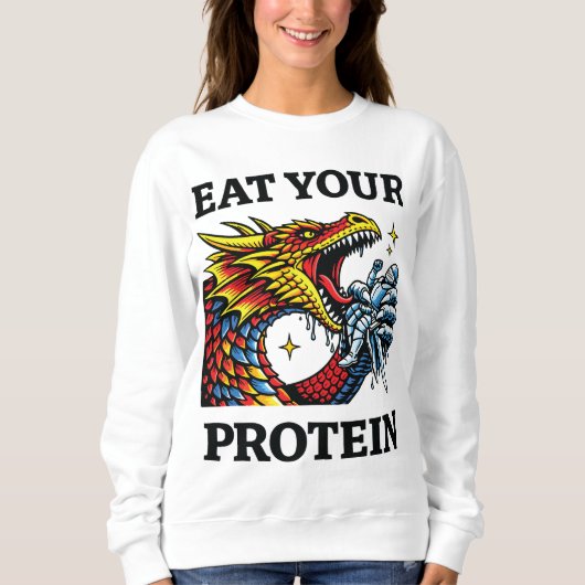 Iss Dein Protein – Epischer Drache essender Ritter Sweatshirt (Vorderseite)
