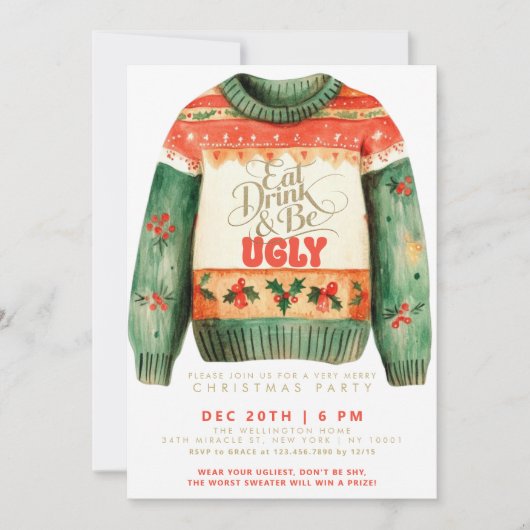 Iss Drink & Be Ugly Sweater Weihnachts-Party Einladung (Vorderseite)