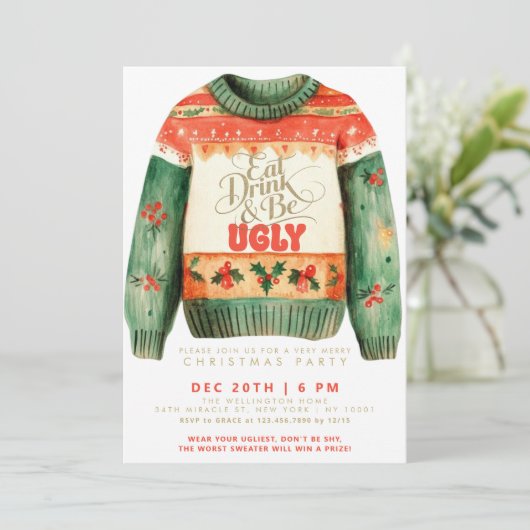 Iss Drink & Be Ugly Sweater Weihnachts-Party Einladung (Stehend Vorderseite)