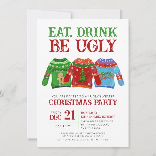 Iss Drink sei hässlich kackig Ugly Sweater Weihnac Einladung (Vorderseite)