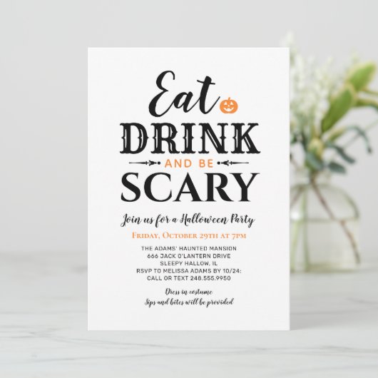 Iss Drink und sei Beängstigend Halloween White Typ Einladung (Stehend Vorderseite)