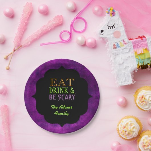 Iss Drink und sei Beängstigend Lila Halloween Pappteller (Party)
