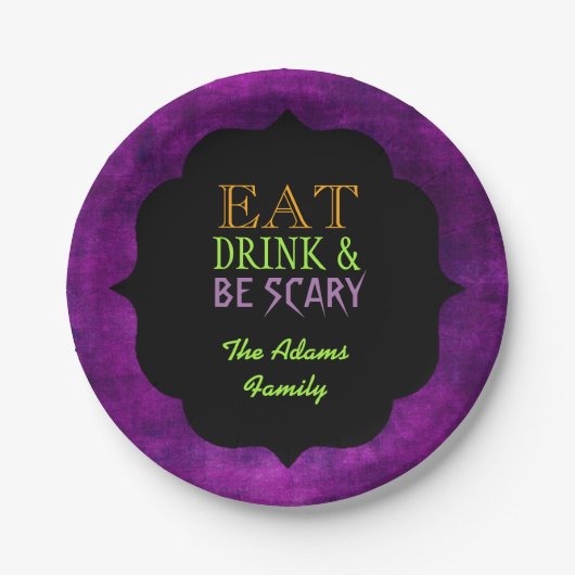 Iss Drink und sei Beängstigend Lila Halloween Pappteller (Vorderseite)