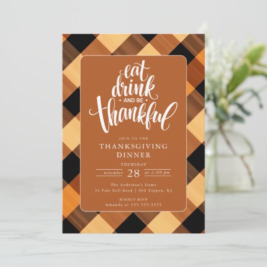 Iss Drink und sei dankbar Erntedank Abendessen Einladung (Stehend Vorderseite)
