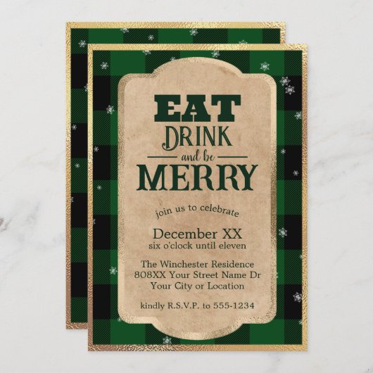 Iss Drink und sei froh grün Karierte Weihnachten Einladung (Vorne/Hinten)