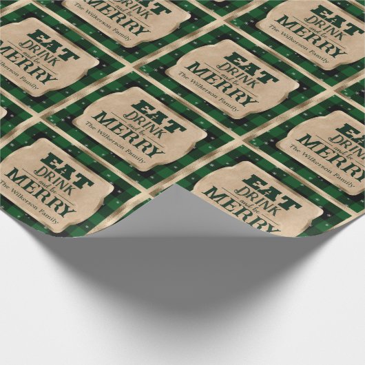 Iss Drink und sei froh grün Karierte Weihnachten Geschenkpapier (Ecke)