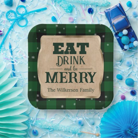 Iss Drink und sei froh grün Karierte Weihnachten Pappteller (Party)