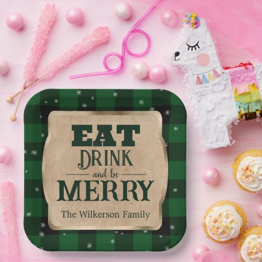 Iss Drink und sei froh grün Karierte Weihnachten Pappteller (Party)