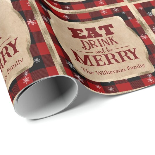 Iss Drink und sei froh rustikal rot Karierte Weihn Geschenkpapier (Rolleneckpunkt)