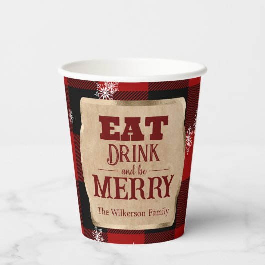 Iss Drink und sei froh rustikal rot Karierte Weihn Pappbecher (Rückseite)