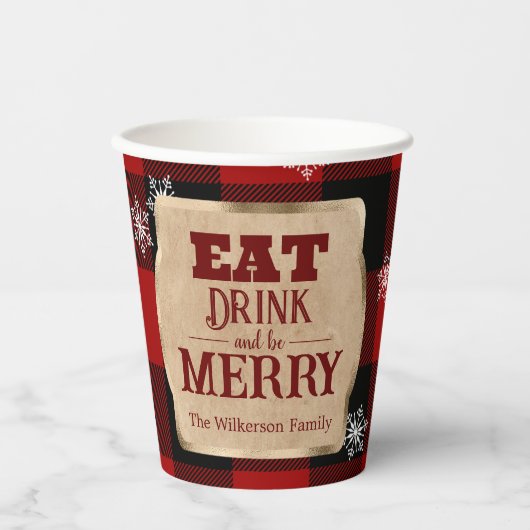 Iss Drink und sei froh rustikal rot Karierte Weihn Pappbecher (Vorderseite)