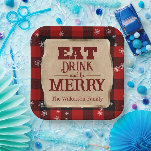 Iss Drink und sei froh rustikal rot Karierte Weihn Pappteller (Party)
