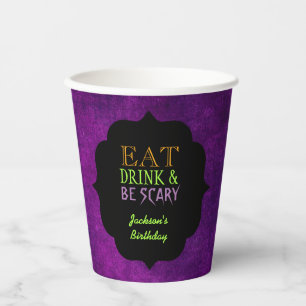 Iss Drink und sei gruselig Lila Halloween Pappbecher