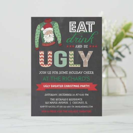 Iss Drink und sei Ugly Sweater Weihnachts-Party Einladung (Stehend Vorderseite)