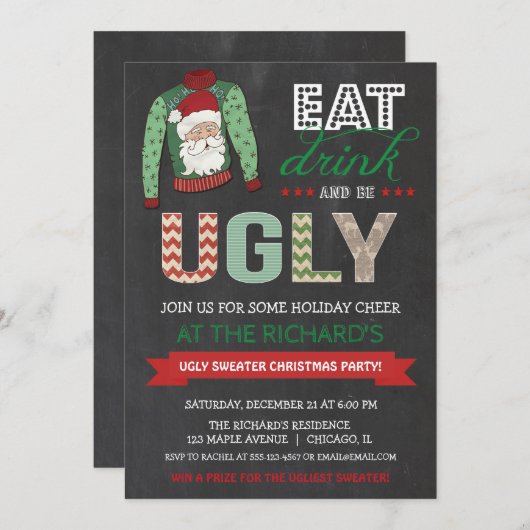 Iss Drink und sei Ugly Sweater Weihnachts-Party Einladung (Vorne/Hinten)