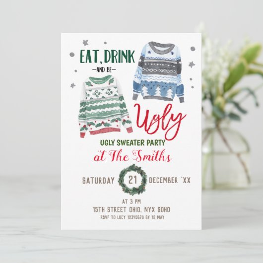 Iss Drink und sei Ugly Weihnachten Party Einladung (Stehend Vorderseite)