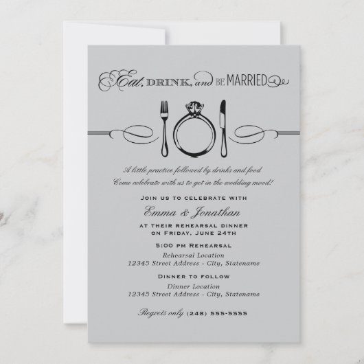 Iss Drink und sei Verheiratet Silver Probe Abendes Einladung (Vorderseite)