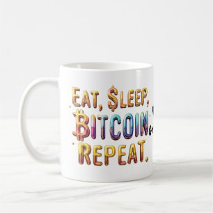 Issen, Schlafen, Bitcoin, Wiederholen Eine Krypto Kaffeetasse