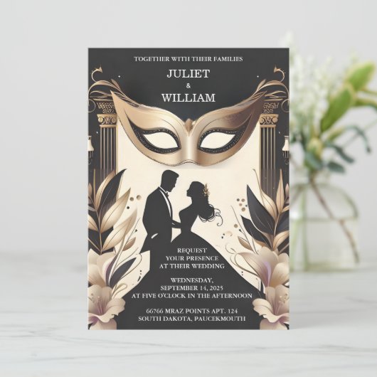 Ist Dress Code Prom Kostümmasquerade Ball Hochzeit Einladung (Stehend Vorderseite)